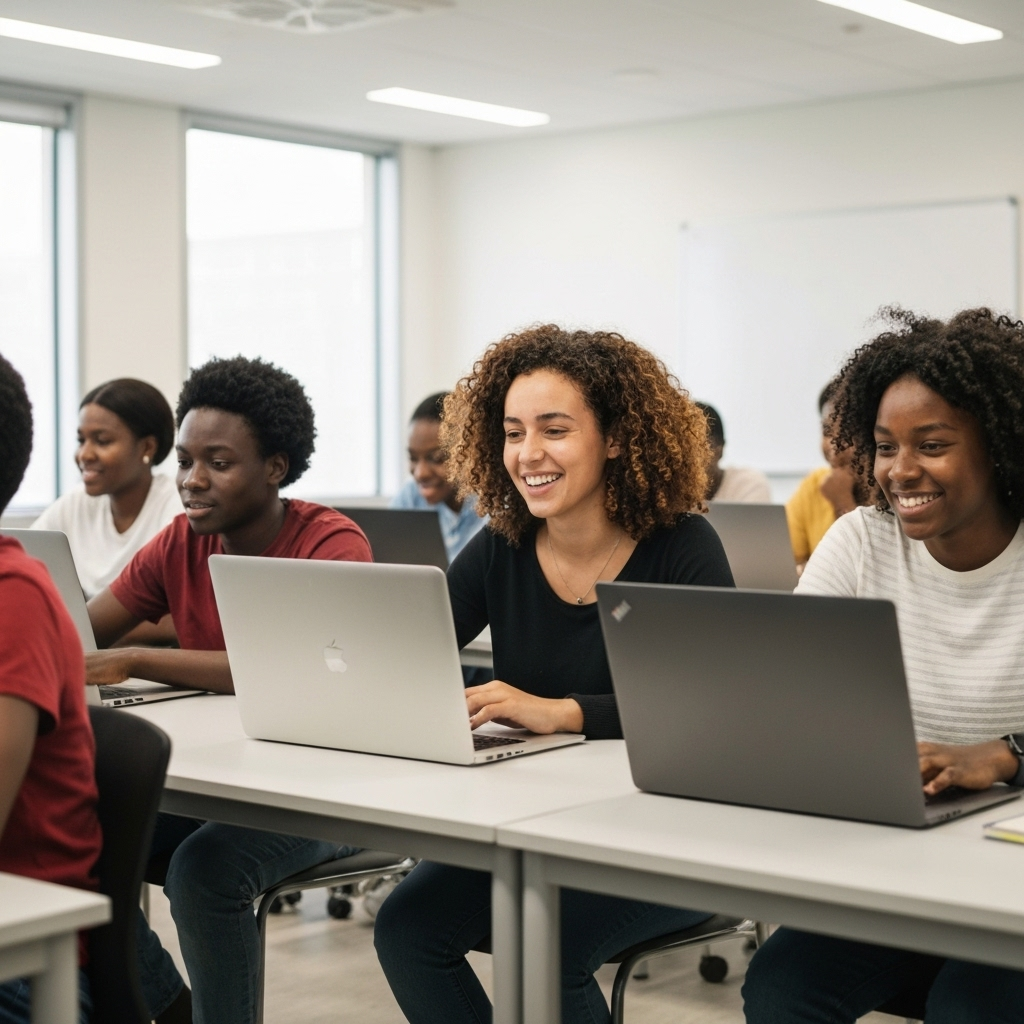 African students learning coding in a modern classroom