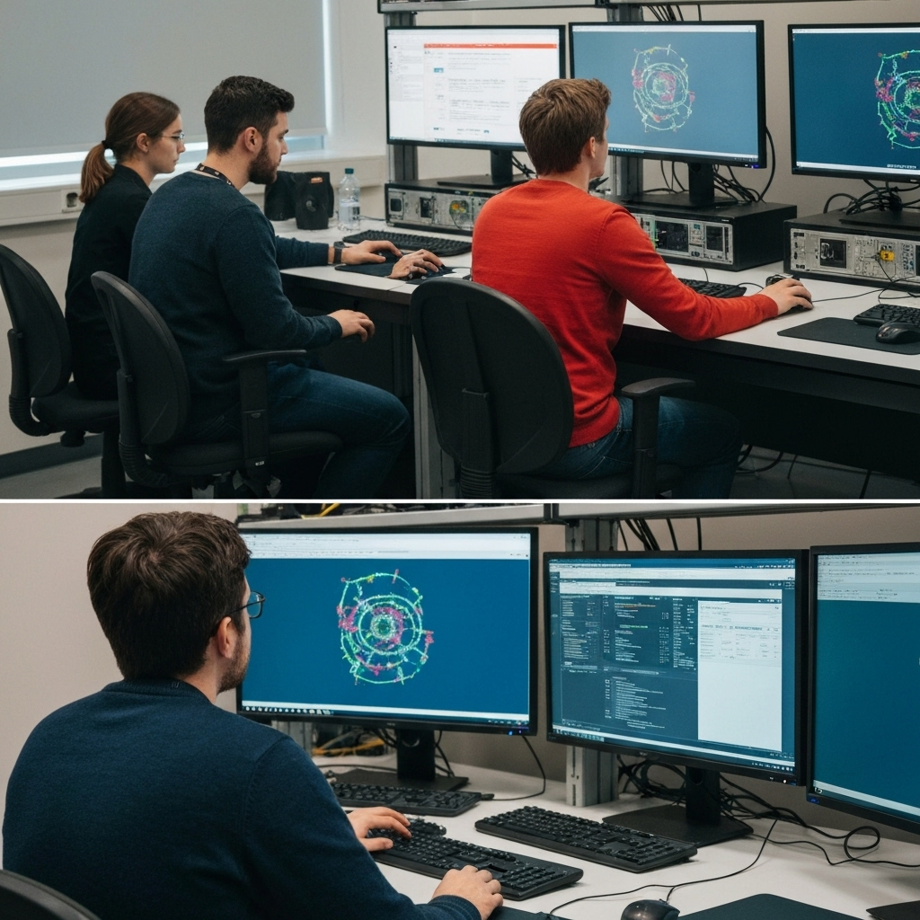 Cybersecurity training session with multiple monitors