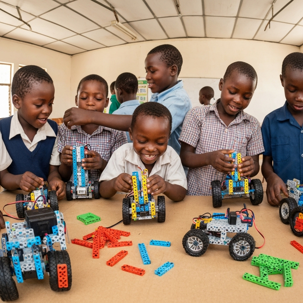 Children building robots in a workshop setting