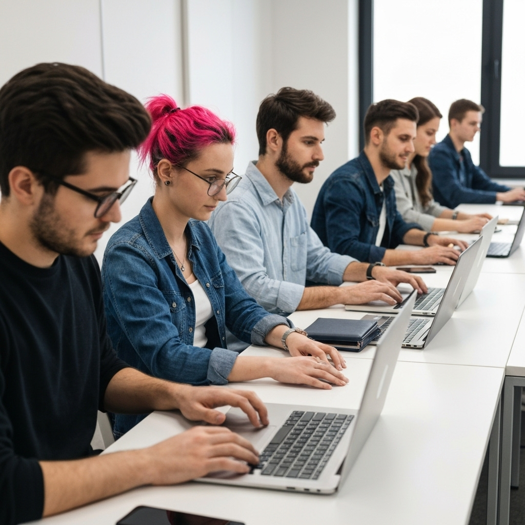 Students developing mobile applications on laptops