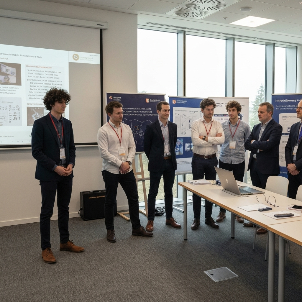 Students presenting their final projects to industry experts